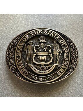 Great Seal Of The State Of Delaware Solid Brass Belt Buckle 1793-1847-1911